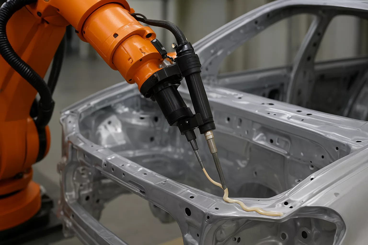 Robotic arm applying adhesive to a metal car body